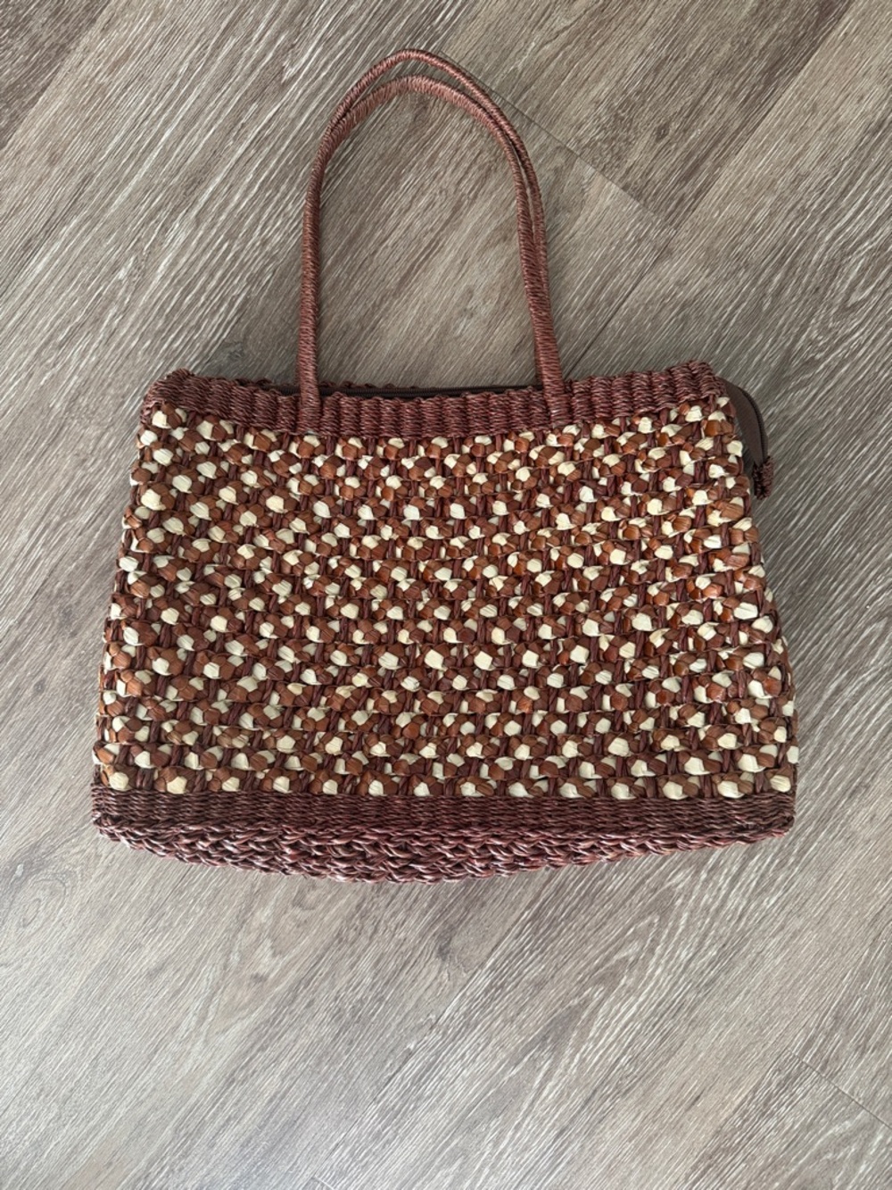 Woven Brown and Cream Straw Tote Bag with Handles